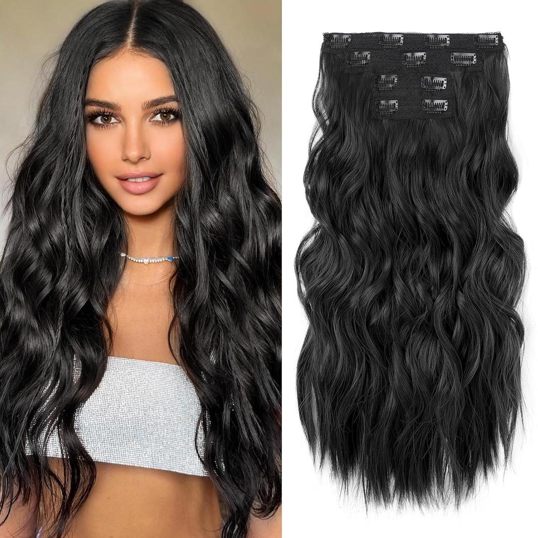 REECHO Hair Extensions, 4PCS Clip in Hair Extensions 24" Thick Long Beach Waves Black hair extensions HE003 Invisible Lace Weft Natural Soft Synthetic Hairpieces for Women Black