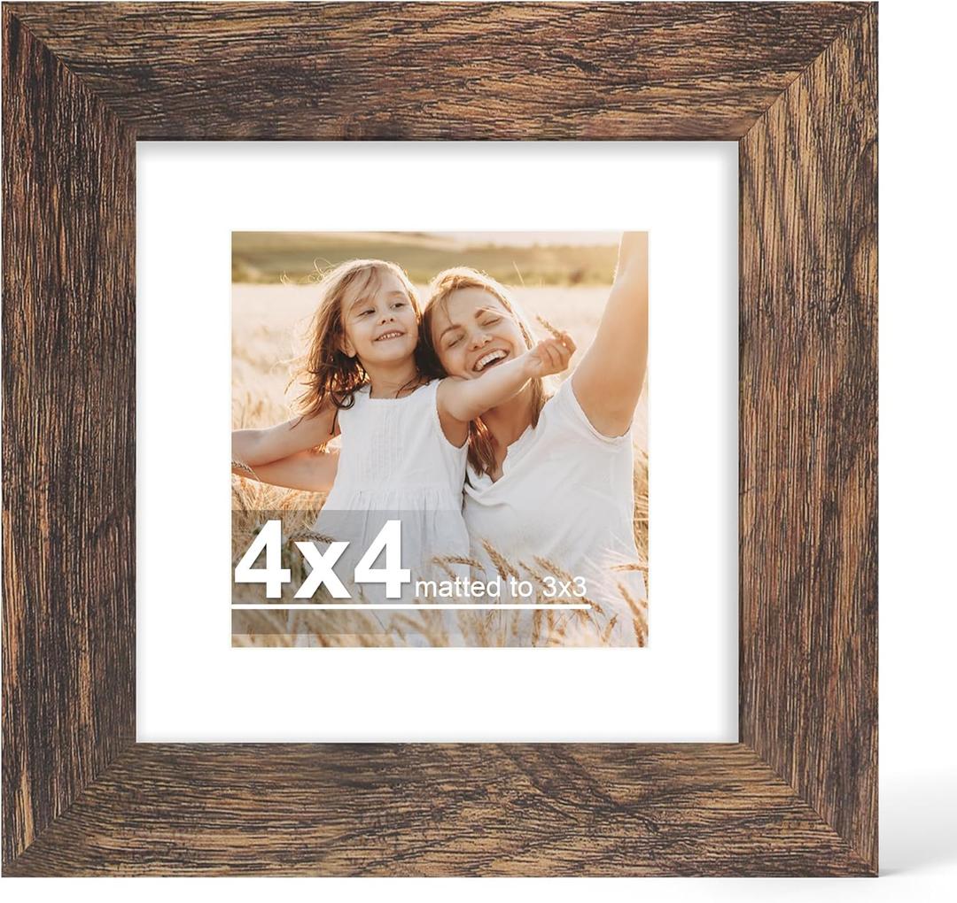 Hongkee 4x4 Picture Frame with Glass, Display Pictures 3x3 with Mat or 4 x 4 without Mat - Wall and Tabletop, 4 by 4 Photo Wooden Frames (Rustic Brown, 1 Pack)