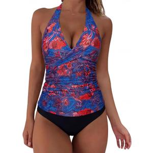 SUUKSESS Women Sexy Halter Tankini Bathing Suits Slimming Tummy Control High Waisted Swimsuits 2 Piece (Blue, XL)