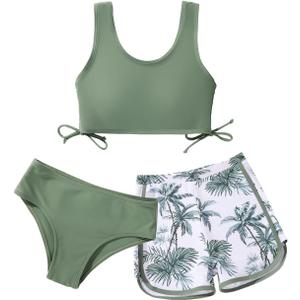 Girl's 3 Piece Bikini Bathing Suit Printed Sport Swimsuits with Shorts Cove Up Sets Teen Girl's Swimwear (11-12 Years)