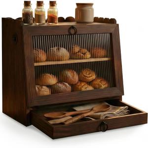 Bread Box for Kitchen Countertop Wooden Double Layer Bread Storage Container Bin Breadbox Holder Large Capacity Keeper Vintage Farmhouse Food Organizer (Large)