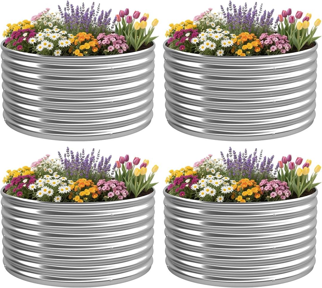 4 Pack 2x2FT Round Raised Beds for Gardening, Corrugated Galvanized Steel Raised Garden Bed, Outdoor Metal Above Ground Garden Bed for Vegetables and Flowers-2x2FTx10Inch (Silver)
