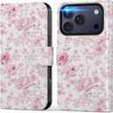 DEENAKIN for iPhone 17 Pro Wallet Case with Card Holder + Cash Clip, RFID-Blocking, Military-Grade Drop Protection, Magnetic Closure with Leather Kickstand - Blooming Pink Roses