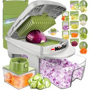 Mueller Pro-Series All-in-One, 12 Blade Mandoline Slicer for Kitchen, Food Chopper, Cucumber Slicer and Spiralizer, Cutter, Dicer, Grater, Gifts for Mom, Kitchen Essentials, White Sand/Green (12 Blade, White Sand/Green)