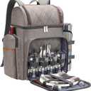 Picnic Backpack for 4, Picnic Basket Set, Leakproof Picnic Bag, Beach Cooler Backpack with Insulated Cooler Wine Pouch,Picnic Blanket, Double Deck Picnic Backpack for Beach,Camping,Park(BrushedKhaki)
