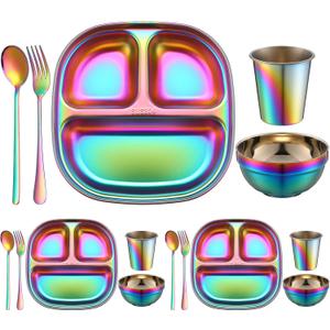 Tioncy 15 Pcs Stainless Steel Kids Dinner Set, Bowls, Balanced Bites Divided Plates, Cups, Spoons and Forks, Stainless Steel Lunch Plates Dinnerware Set for Kids Toddlers (Classic)