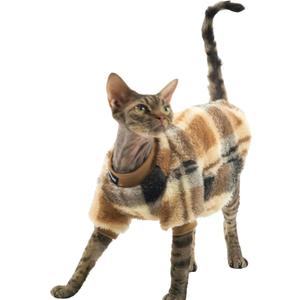 Cat Double-Sided Fleece Clothes, Soft Warm Winter Jumpsuit Sweater Shirt Clothing for Hairless Sphynx, Devon & All Indoor Kittens (Khaki,M)