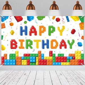 Panelee Building Block Birthday Banner Building Blocks Party Backdrop Decoration Happy Birthday Banner Photography Background for Party, 72.8 x 43.3 Inch (White)