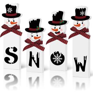 Christmas Snowman Decorations Indoor, Wooden Snowman Block Merry Christmas Sign, Let It Snow Winter Xmas Decor, Cute Xmas Tiered Tray Decorations Table Centerpiece for Mantel Home Holiday Decor