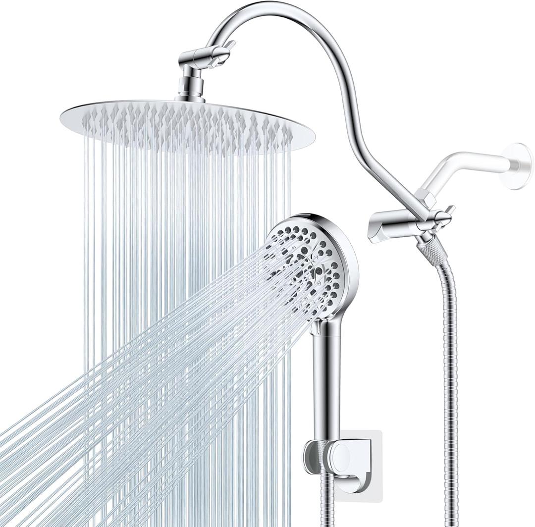Hibbent All Metal Shower Head, 10'' High Pressure Rainfall Shower Head/Handheld Showerhead Combo with 12'' Adjustable Curve Shower Extension Arm, 10-Spray, 71'' Shower Hose, Shower Head Holder, Chrome