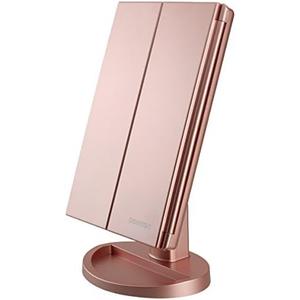 deweisn Dresser Mount Tri-Fold Lighted Vanity Mirror with 21 LED Lights, Touch Screen and 3X/2X/1X Magnification, Two Power Supply Modes Make Up Mirror,Travel Mirror