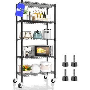5 Tier Shelving Unit Wire Rack, Heavy Duty Adjustable Shelf Rolling Storage Shelves with Wheels, 14" D x 30" W x 60" H 750 lbs Capacity Kitchen Garage Pantry Shelves for Small Spaces