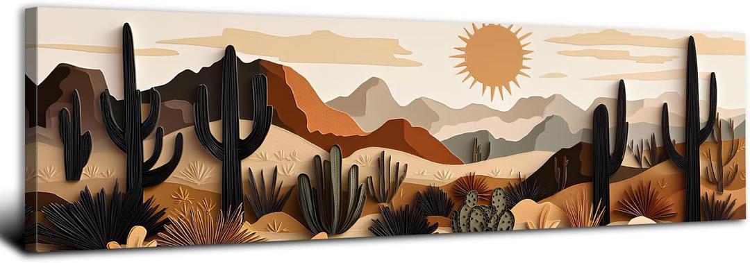 Boho Cactus Wall Art Mid Century Modern Wall Decor for Living Room Beige Geometric Minimalist Picture Abstract Mexican Desert Botanical Mountain Sun Painting Artwork Bedroom Home Decorations 14x48"