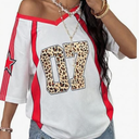 Jersey Shirt Women's Y2K Leopard Number Graphic Oversized V Neck Short Sleeve Streetwear Tee Tops, XL