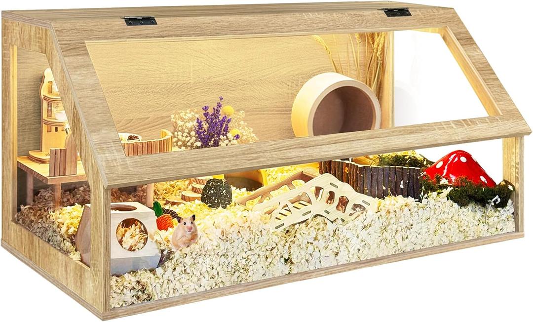 PROLEE Hamster Cage Large Chewproof, 40" x 20" x 20" Sloped Mice and Rat Habitat with Clear View, Solid Built with Lockable Design and Openable Top (White Oak)