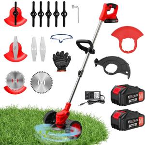 24V Electric Weed Wacker Grass Trimmer with 2pcs Batteries & Fast Charger, 3 in 1 Stringless Lightweight Brush Cutter/Edger/Mower with 3 Types Blade & Wheels for Garden and Yard Lawn (Red)