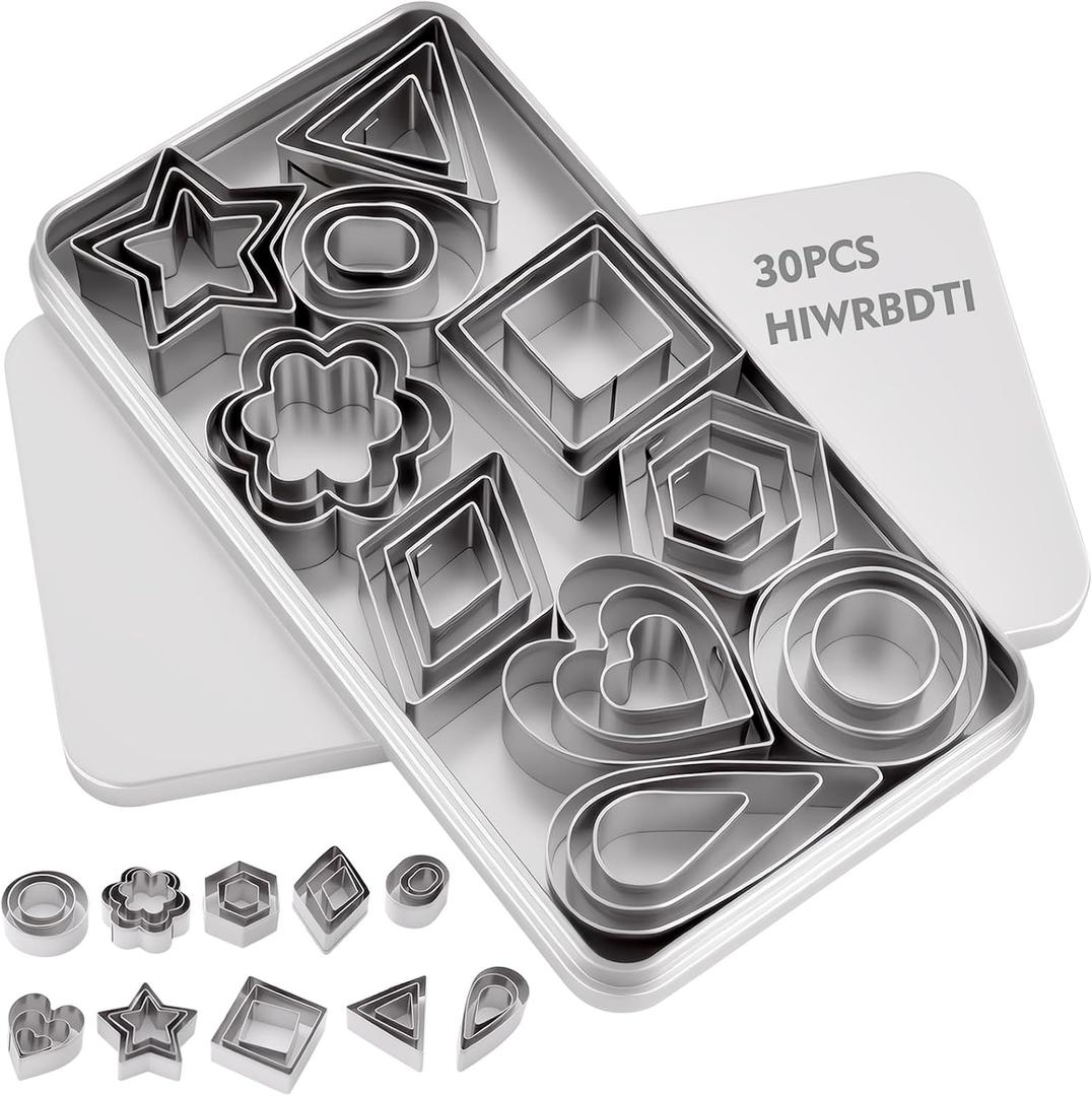 30PCS Mini Cookie Cutters Shapes Set with Box for Kids, Small Stainless Steel Star Triangle Cookie Cutter Variety Pack, for Tiny Polymer Clay, Fruit