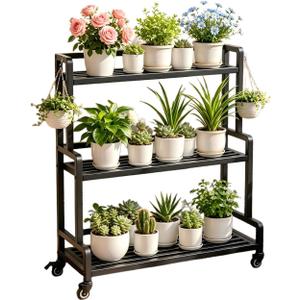 3 Tier Rolling Plant Stand with Wheels, Heavy Duty Metal Plant Shelf