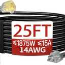 25 FT 14/3 Extension Cord Outdoor, Heavy Duty Weatherproof & Flame Retardant Black 3 Prong Power Cord with Light, Outside for Lawn & Garden, 15 Amps 1875 Watts 125 VAC 14AWG SJTW, ETL Listed