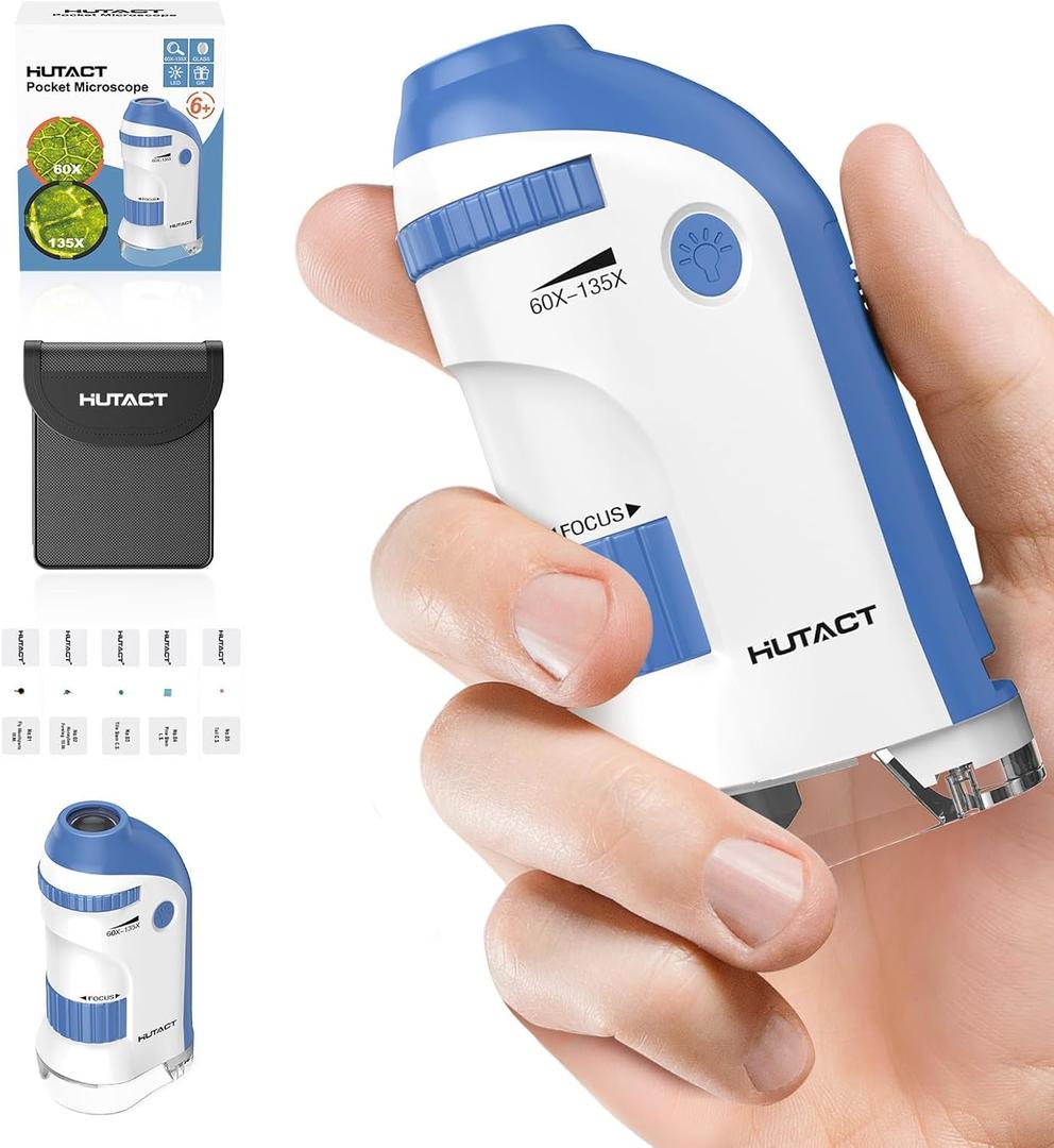 Pocket Microscope for Kids Portable Miniscope: 60-135X Mini Microscope with 5 Prepared Slides - Science Education and Nature Exploration Gifts for Boys Girls 6 7 8 9 10 11 12 (Navy Blue)