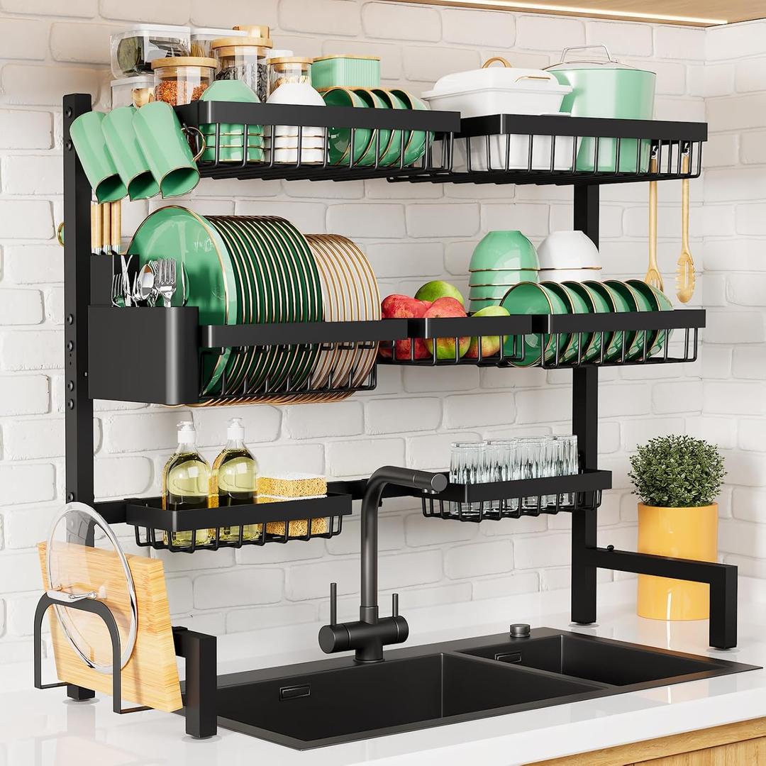 Kitsure Over The Sink Dish Drying Rack - 31.5" to 39.4" x 30.3", Adjustable Sink Drying Rack for Kitchen Sink with Multifunctional Baskets, Black, X-Large