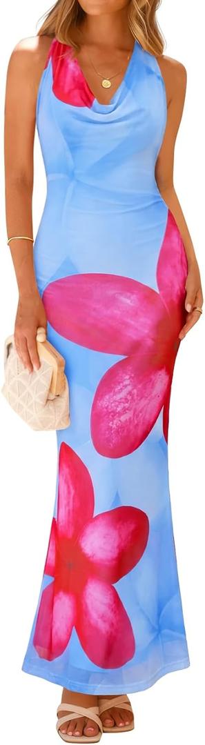 ZESICA Women's 2026 Summer Halter Neck Floral Print Maxi Dress Sleeveless Backless Wedding Guest Party Bodycon Long Dresses (Blue,small)
