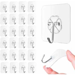 QUALIALL 33lbs Adhesive Hooks for Hanging on Wall or Ceiling, Heavy Duty, Clear, Damage Free, Traceless, Stick on Hangers for Kitchen Bathroom, 10pcs