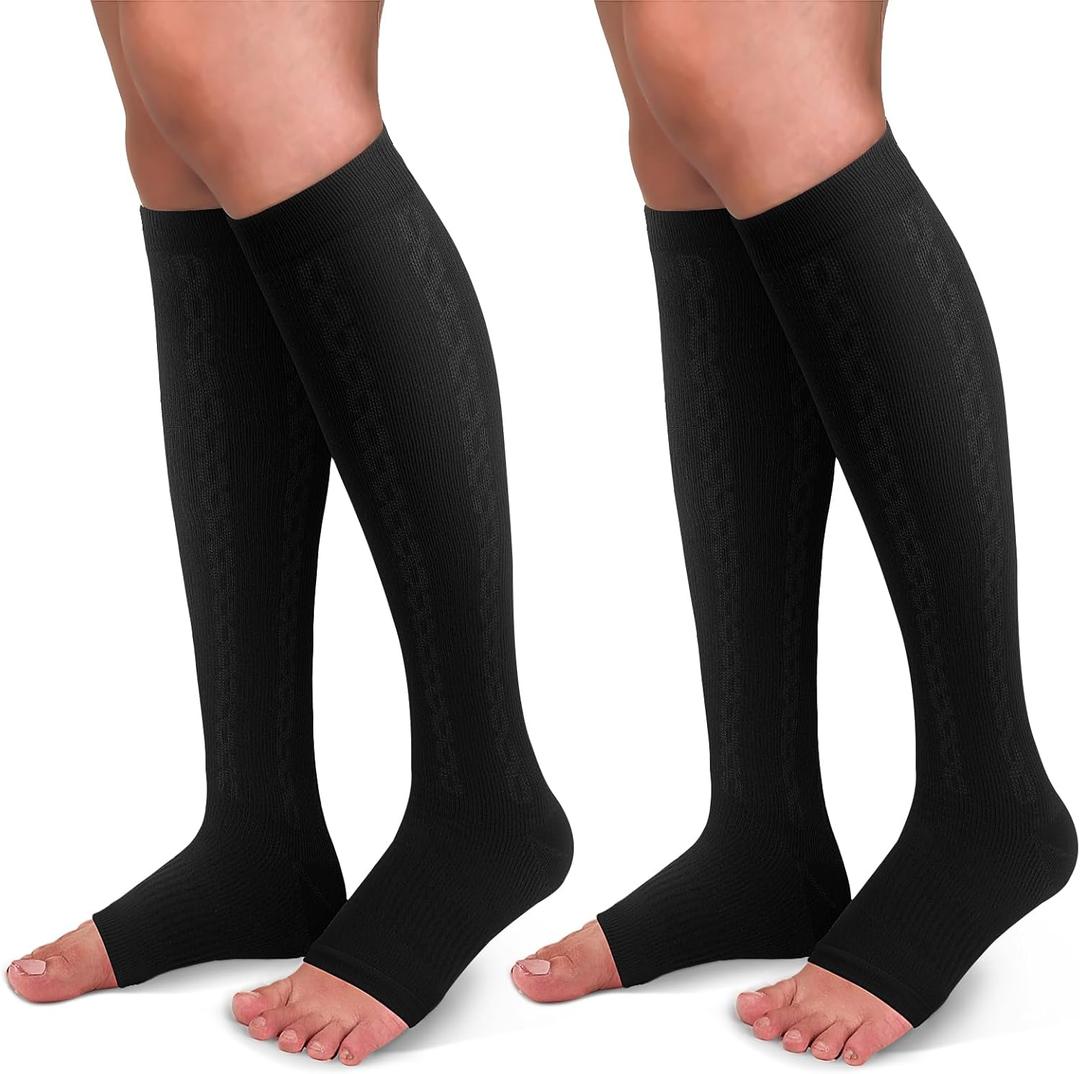 30-40mmHg Medical Graduated Compression Socks for Women & Men Circulation-Compression Stockings-Knee High Socks for Support,Hiking,Running (Large-X-Large, 6-2 Pack Open Toe Black)