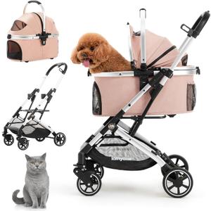 Kenyone 3-in-1 Pet Stroller for Small Medium Dogs Puppy Cat Stroller with Detachable Carrier & Pad Lightweight Foldable Aluminum Alloy Frame Dual No-Zip Entry(Pink)