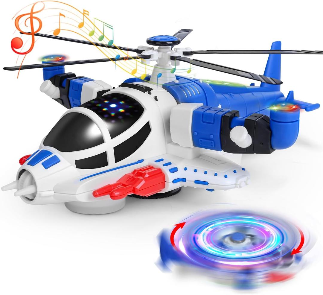 HOLYFUN Light-Up Helicopter Toy for Toddlers, 360 Rotating Airplane Toy with Music and Obstacle Avoidance, Birthday Gift for Boys Ages 3-5