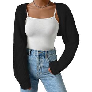 Women Open Front Ribbed Knit Crop Bolero Drop Shoulder Long Sleeve Solid Loose Fit Knitted Crop Cardigan Shrug (Large, Black)