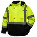 Safety Jacket for Men,Reflective High Visibility Hooded Jacket,Hi-Vis Bomber Jacket with Pockets and Zipper,Waterproof,Black Bottom,ANSI/ISEA 107-2020 Type R Class 3,Lime