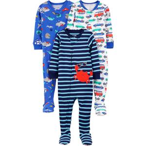 Simple Joys by Carter's Toddlers and Baby Boys' Snug-Fit Footed Cotton Pajamas, Pack of 3 (6-9 Months, Blue Sea Life/Navy Stripe/White Cars)