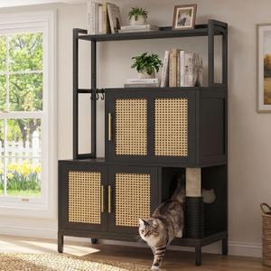 Heybly Cat Litter Box Enclosure with Cat Tree & Storage Shelf, HCLB003BK | Large Double Hidden Litter Box Furniture with Scratching Post, Hooks, Cat Litter Cabinet (30.7" x 17.7" x 56.3"), Black