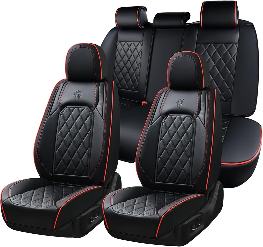 Coverado Car Seat Covers Full Set, Luxury Faux Leather Waterproof Seat Covers, Black Car Seat Covers, Universal Car Seat Protector Leather Car Seat Cushion, Carseat Cover Fit Most Cars, Black&Red