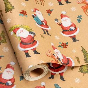 Retrify Kraft Christmas Wrapping Paper Roll - Laughing Santa Claus Carrying Green Trees Gift Wrap Paper for Holiday DIY Craft Decoration - 17 Inch x 32.8 Feet - Mini Roll (Brown Santa,Deer)