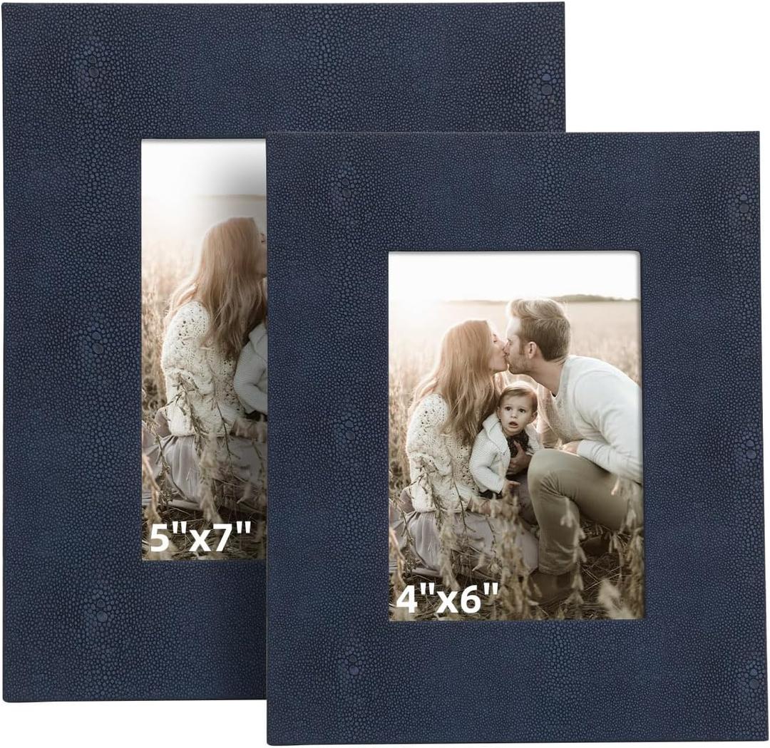 2 Pack Navy Blue Shagreen Faux Leather Picture Frames  5x7 and 4x6, Elegant Modern Design for Home and Office Decor, Versatile Horizontal and Vertical Placement