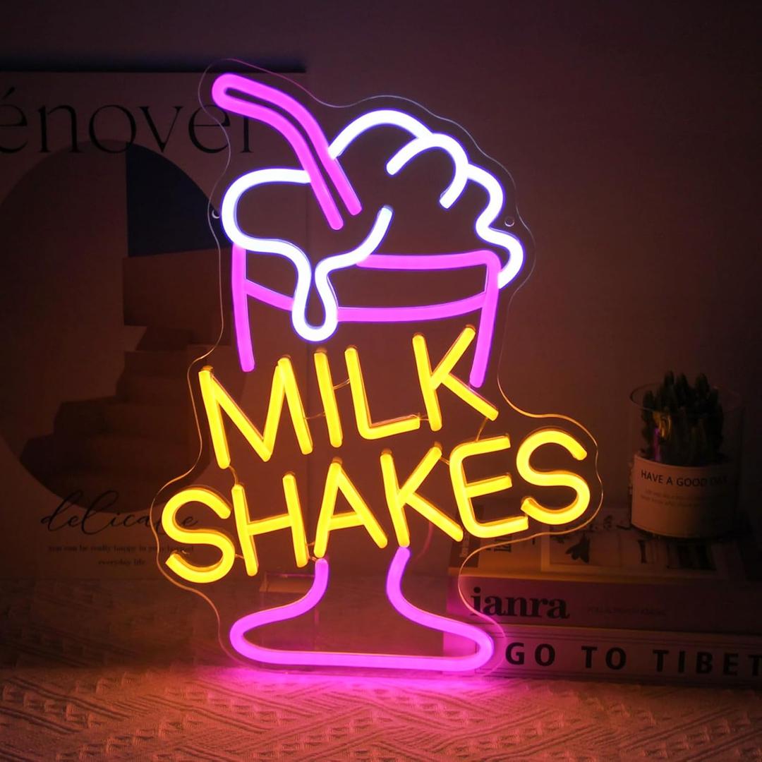 Milk Shakes Neon Signs Ice Cream Neon Light Milk Tea LED Sign Frozen Yogurt Neon Signs for Wall Food Drink Restaurant Lights Neon Wall Decor Light Up Sign for Dessert Shop Bar Decor (Pink Yellow White)