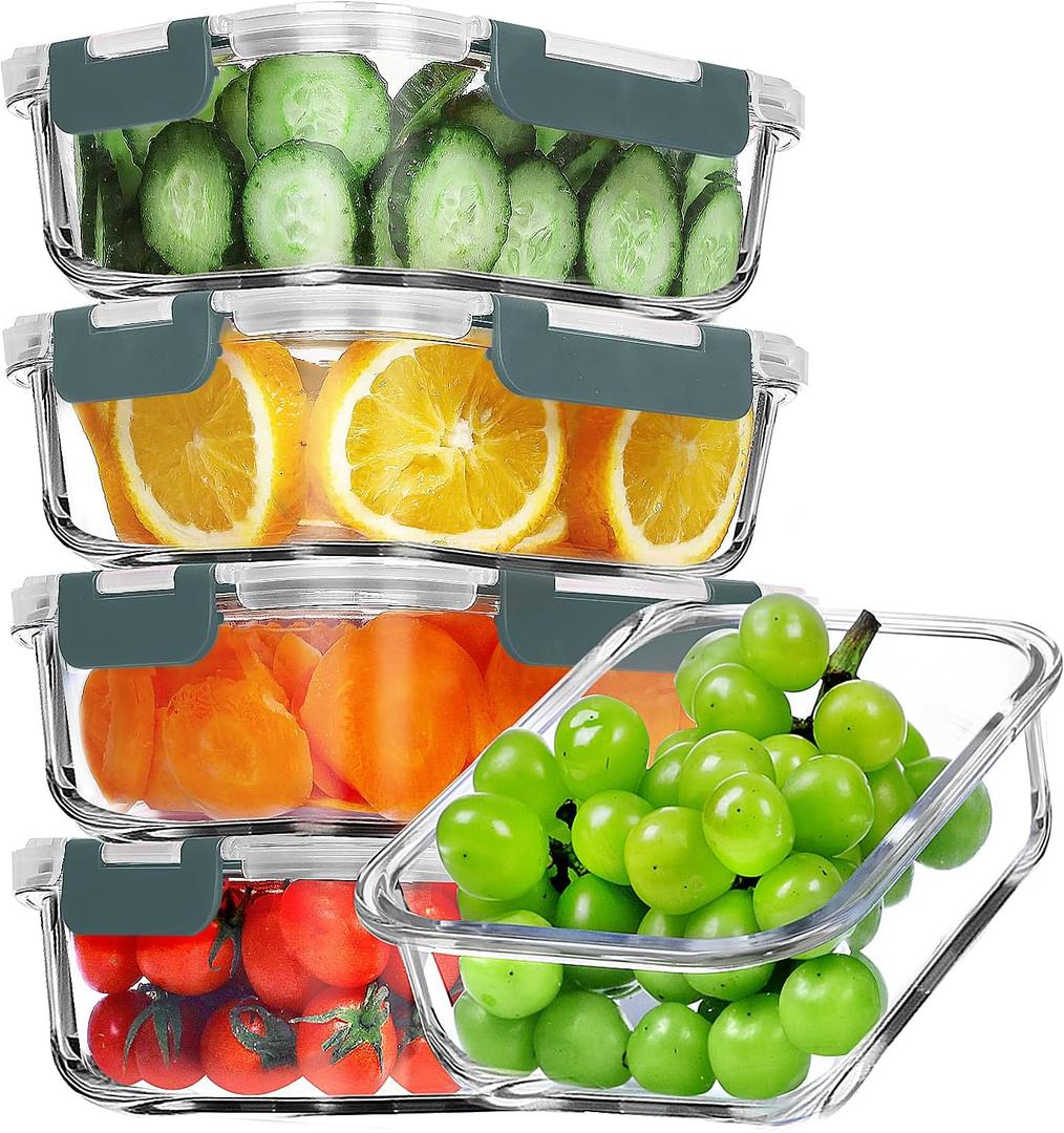 VERONES 5 Pack 36 OZ Glass Meal Prep Containers, Airtight Glass Lunch Containers Set, Glass Food Storage Containers with Lids, Exclusive of BPA, for Microwave, Oven, Freezer & Dishwasher Friendly, Grey