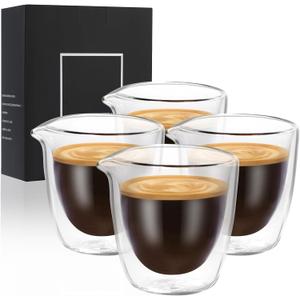 Double Wall Espresso Cups Set of 4 - 2.7OZ Clear Shot Glasses With Spouts - Accessories for Machine, Gift Set