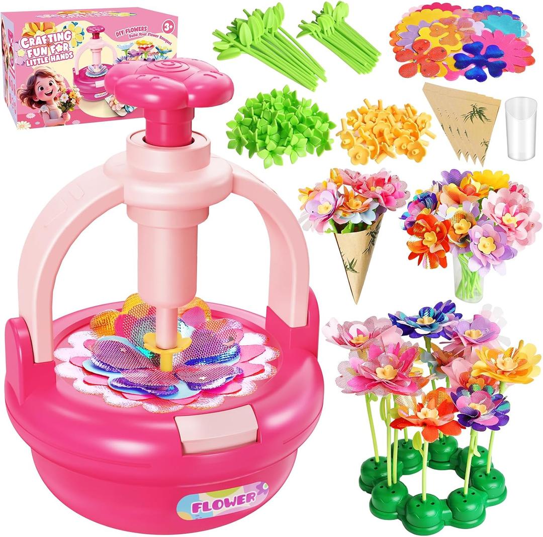 Einailvk Fabric Flower Bouquets Toys, DIY Flower Making Kit for Kids 3 4 5 6 7 8 9 10 11 12 Year Old Girl Birthday Christmas Gift, Art and Crafts Kit Toys for Girls 3-12 Year Old (Pink)