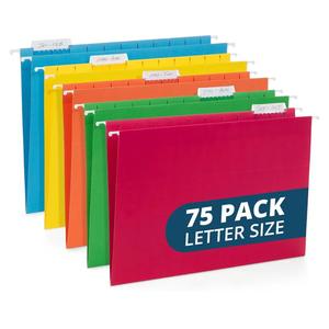 Blue Summit 75 Pack Colored Hanging File Folders Letter Size No Expansion, Colored Hanging File Folders Bulk, Assorted Colors, Designed for Bulky Files, Medical Charts, 1/5 Tabs
