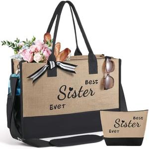 FURTOM Mothers Day Gifts for Sister Gifts from Sister Birthday Large Jute Zipper Tote Bag and Makeup Bag Set