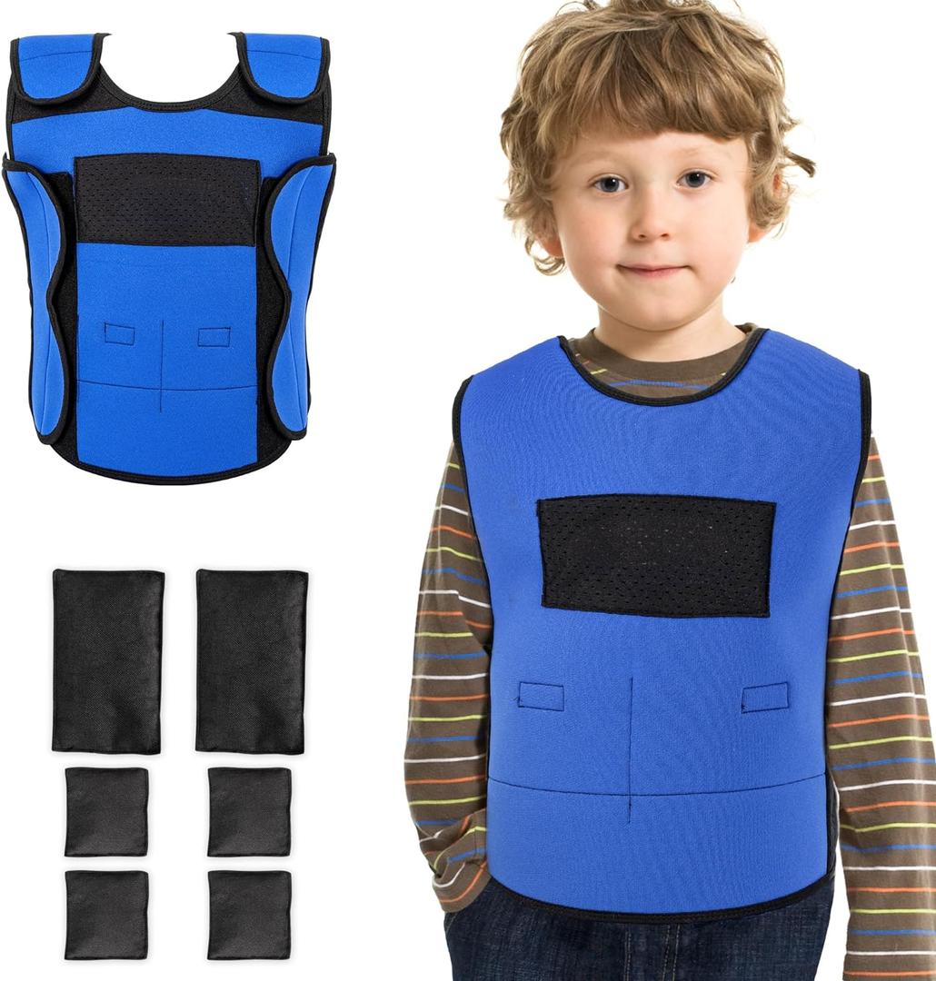 OUTREE Weighted Vest for Kids with Sensory Needs (Medium, Ages 5-7), Compression Vest for Kids with ADHD and Autism, Weighted Vest Including 6 Removable Weights, Breathable Mesh Design (Blue)