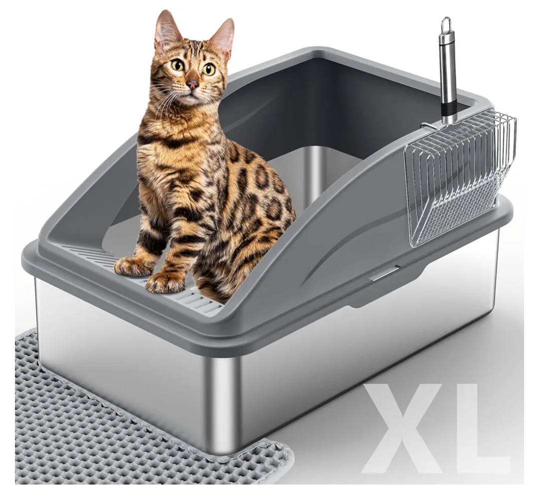 Stainless Steel Litter Box, Extra Large Litter Boxes for Big Cats, XL Metal Cat Litter Box with Lid, Anti-Urine Leakage, Non-Sticky, Include Cat Mat and Litter Scoop