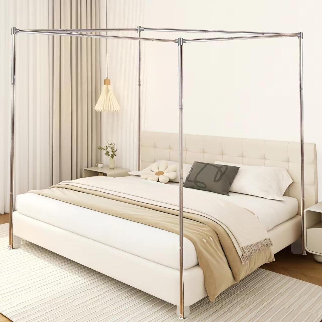 Full Size Canopy Bed Frame, Thicken Stainless Steel, Bed Post Poles, Metal Connectors, Mosquito Curtains, Bedroom Decor