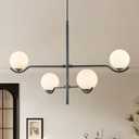 Black Sputnik Chandelier, Modern 4 Lights L31 '' Large Mid Century Long Ceiling Pendant Light Fixtures with Milk Glass Globe Shades for High Ceiling Living Dining Room Foyer Bedroom