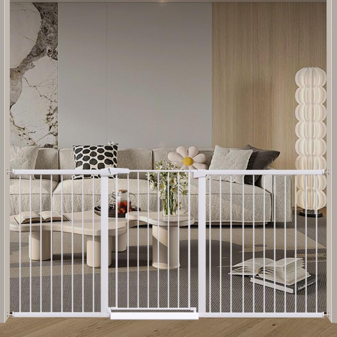 Fairy Baby 38" Extra Tall Dog Gates Indoor, 81.9"-84.6" Extra Wide Baby Gates for Large Openings, Metal Auto Close Safety Child Gate Indoor, Pressure Mounted Pet Gate No Climb Fence, White