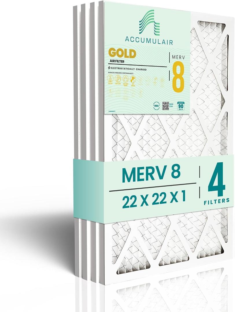 Accumulair Gold 22x22x1 MERV 8 HVAC Air Filter (4-Pack) | Replacement Air Filter for AC and Furnace | Made in USA | Actual Size 21.75 x 21.75 x 0.75