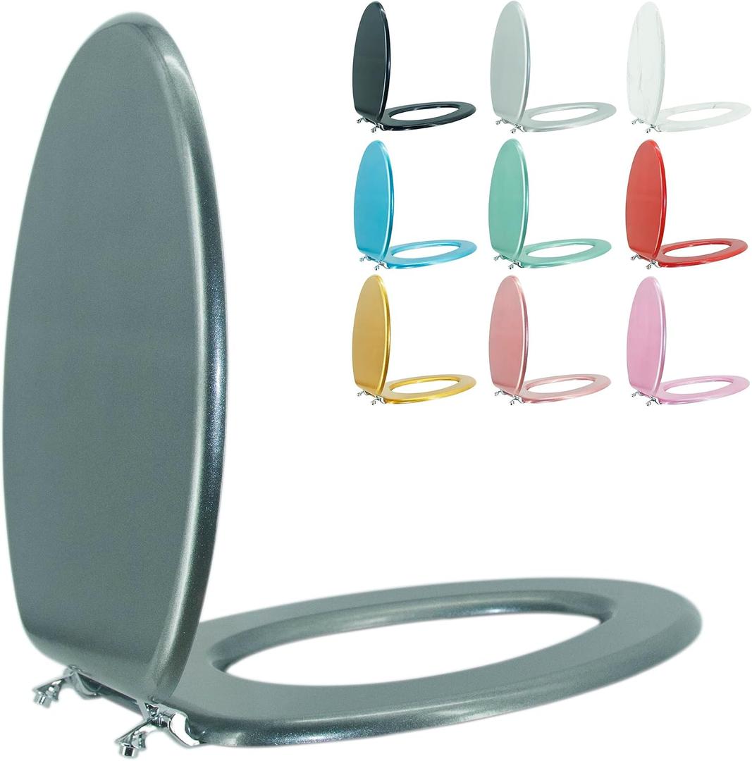Elongated Toilet Seat Wood Toilet Seat Prevent Shifting with Zinc Alloy Hinges American Standard Size Toilet Seat Easy to Install also Easy to Clean(Elongated,Sparkling Gentleman Grey)